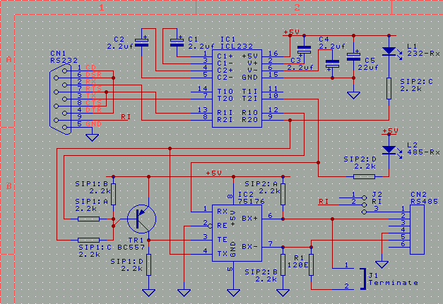 Schematic - adding LED indicators and RS485 connector